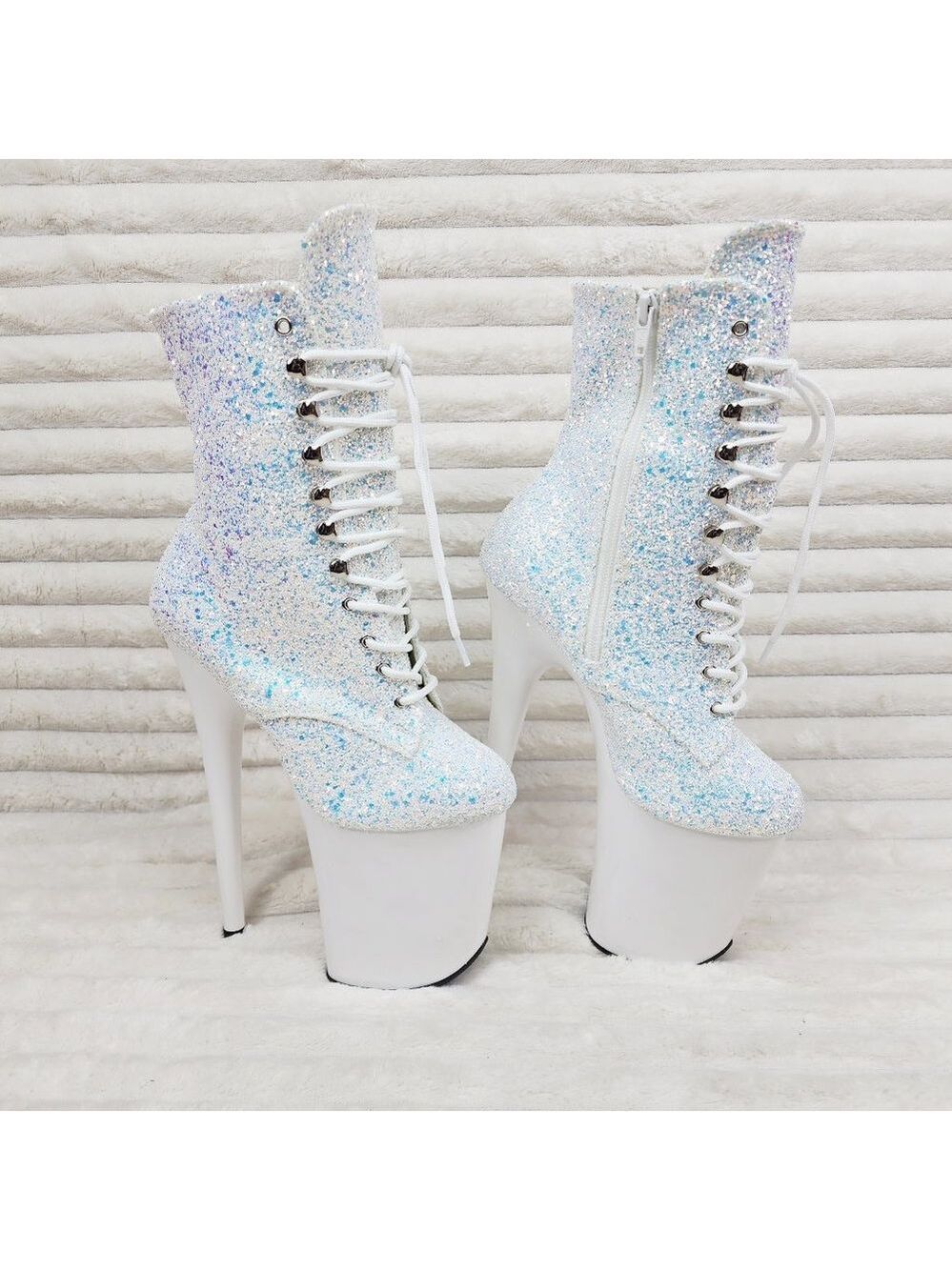 White Ice UV Glitter 8" Platform Heel Ankle Boots Flamingo - Picture 3 of 12